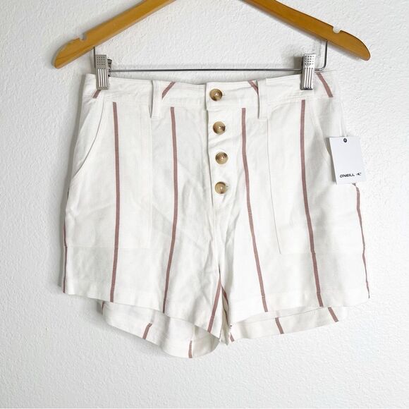 Oneill Striped Button Fly Shorts White High Waisted Size 28 - Picture 1 of 5